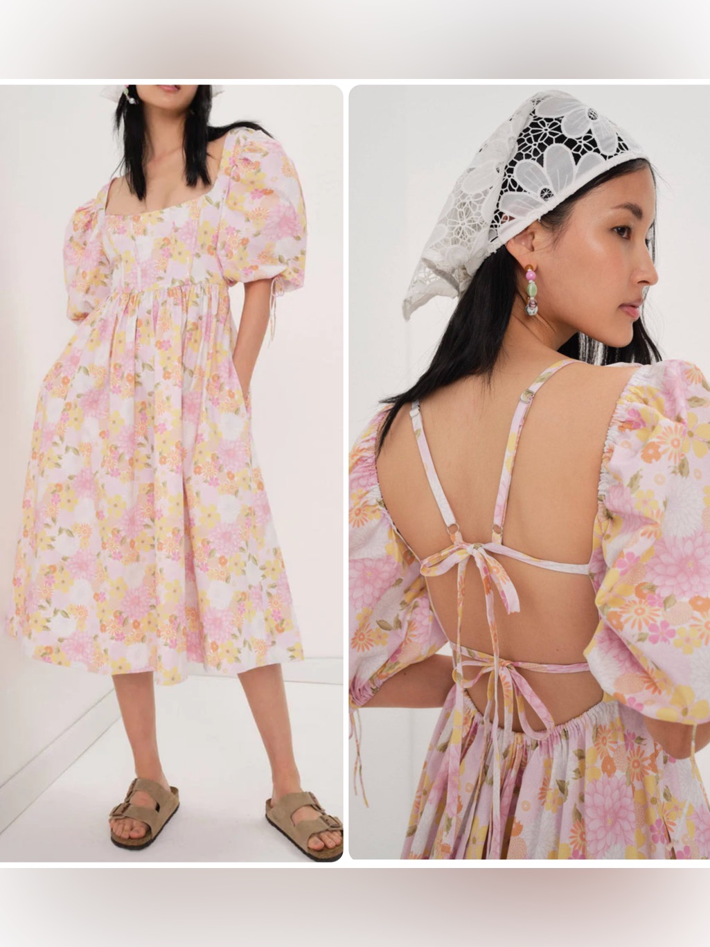 For Love & Lemons Carrie Floral Puff-Sleeve Flowy A-Line Midi Dress Nwt $275